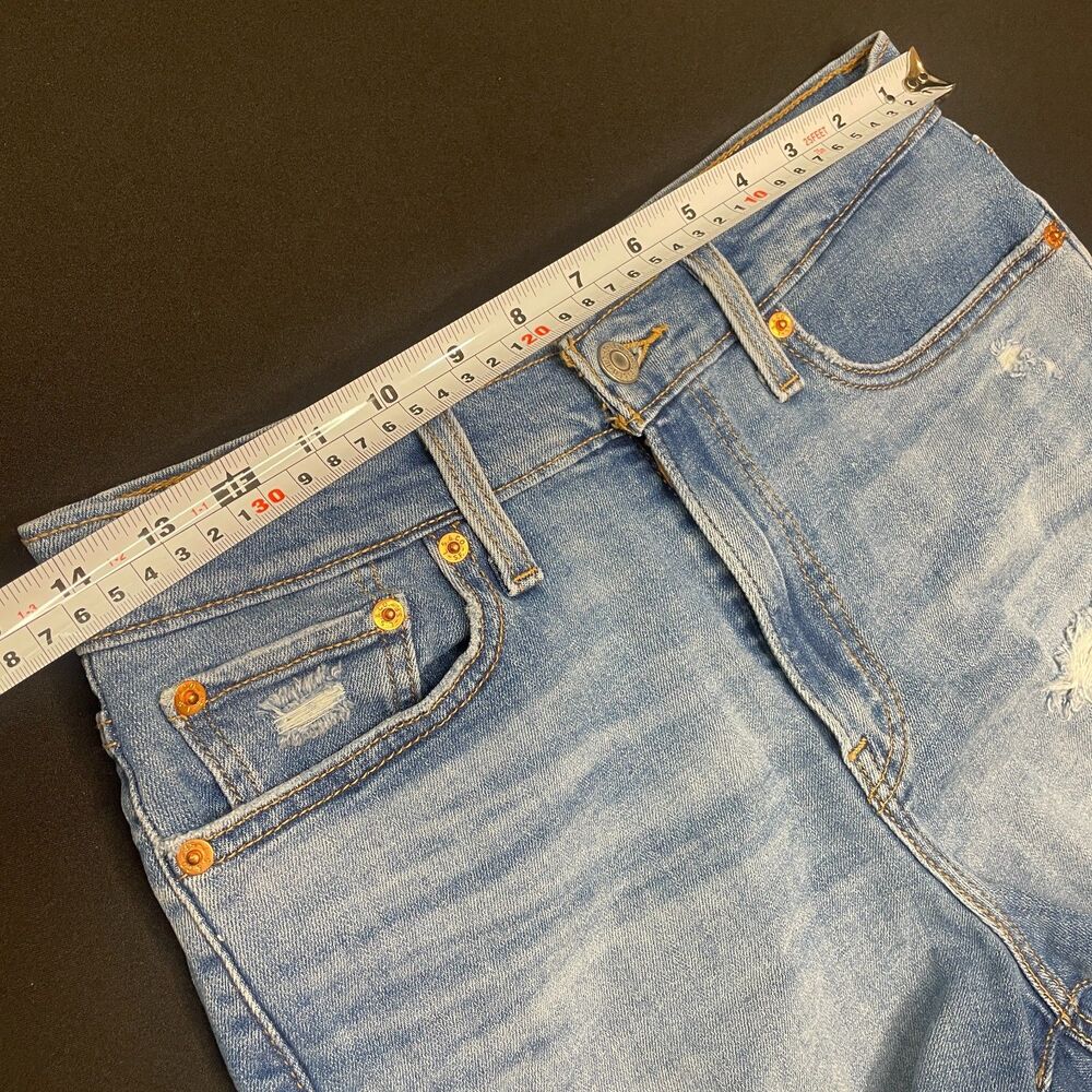 ~ Levi's 29 Jean Shorts Cut Off Hi-Rise Med Wash Distressed Frayed Raw Rips Blue - Picture 7 of 13